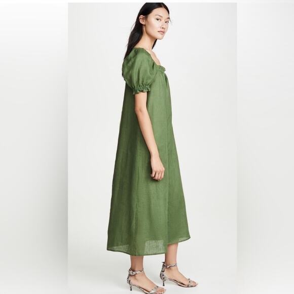 Sleeper | Brigitte 100% Linen Mini Dress Puff Sleeves Button Down Olive Green S - Picture 10 of 10